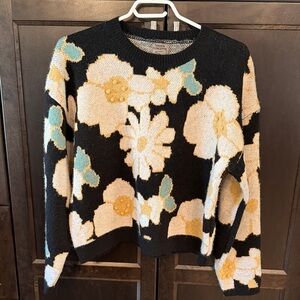 Anthropologie Black Sweater with Cream and Gold Floral Design